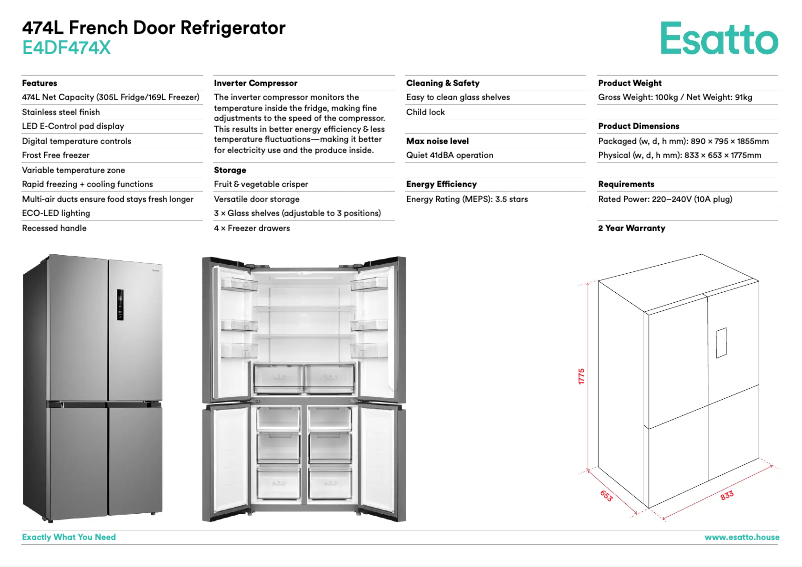 Page 1 de la notice Fiche technique Esatto E4DF474X