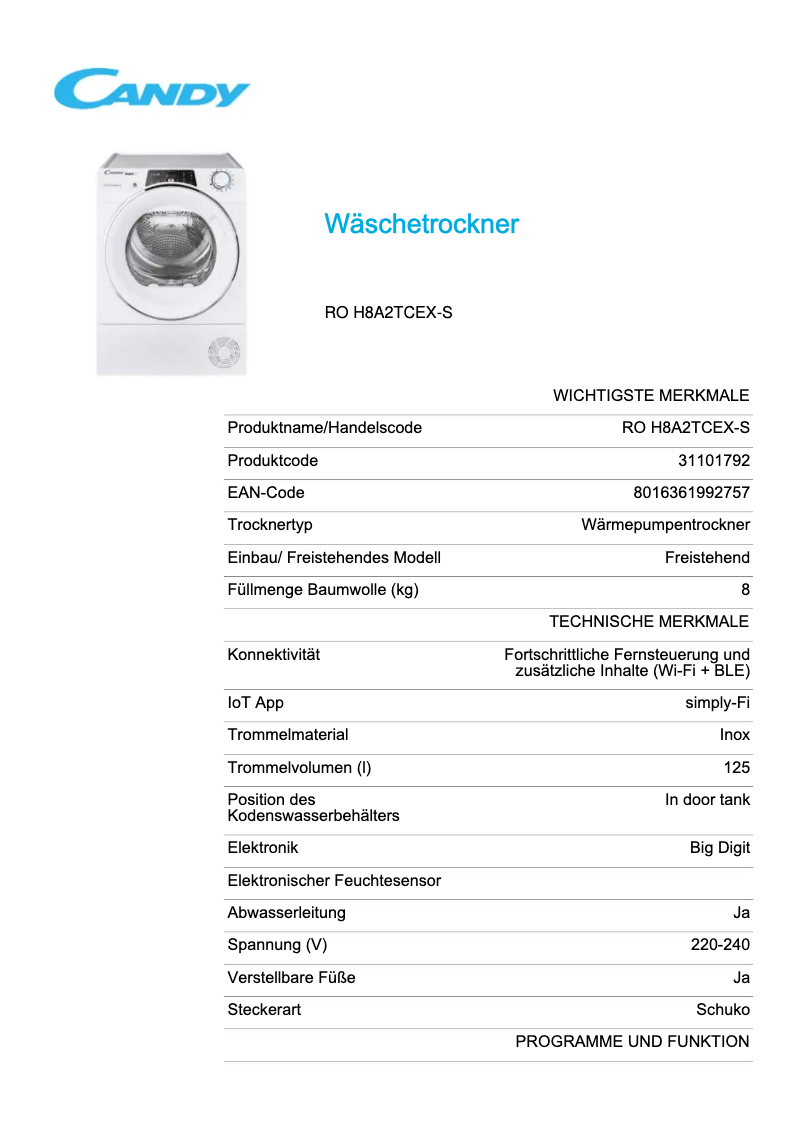 Page 1 de la notice Fiche technique Candy RO H8A2TCEX-S