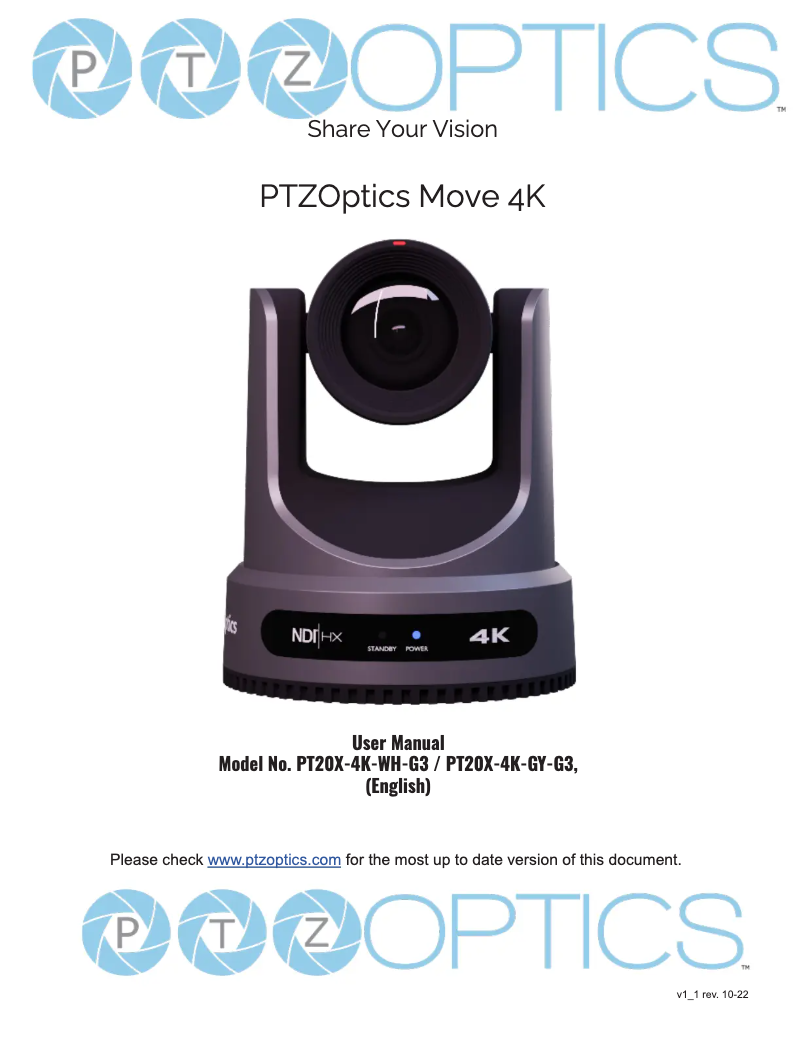 Page 1 de la notice Manuel utilisateur PTZ Optics PT20X-4K-WH-G3