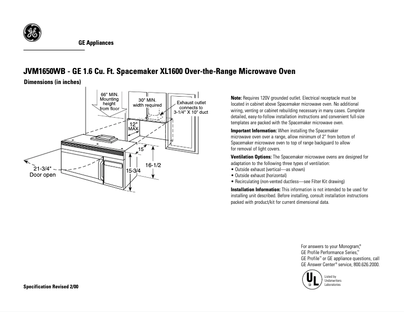 Página 1 del manual Ficha técnica GE JVM1650WB