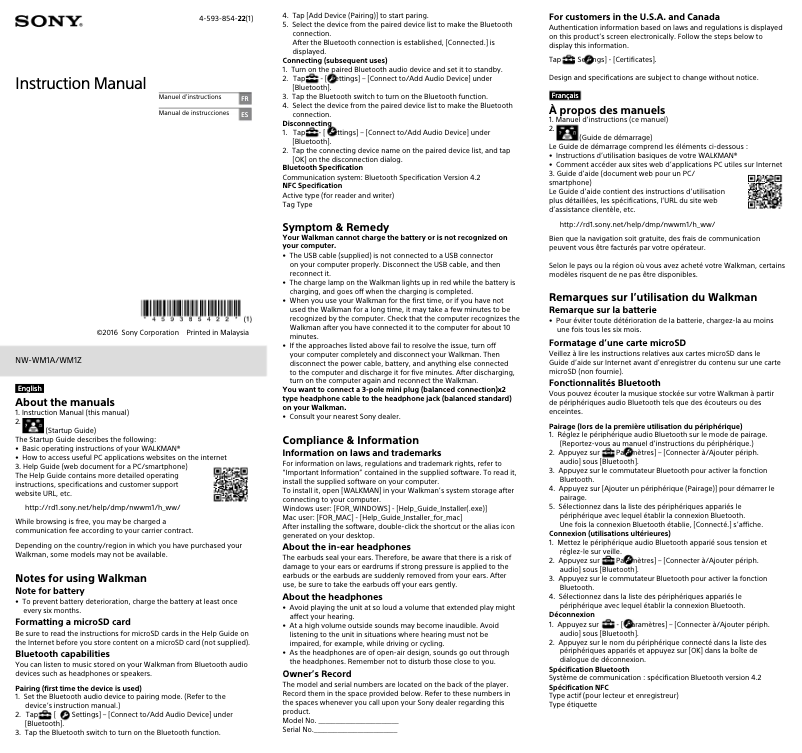 Page 1 de la notice Manuel utilisateur Sony NW-WM1A