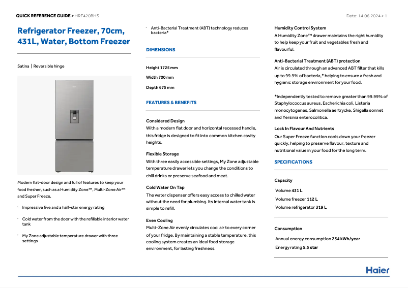 Page 1 de la notice Fiche technique Haier HRF420BHS
