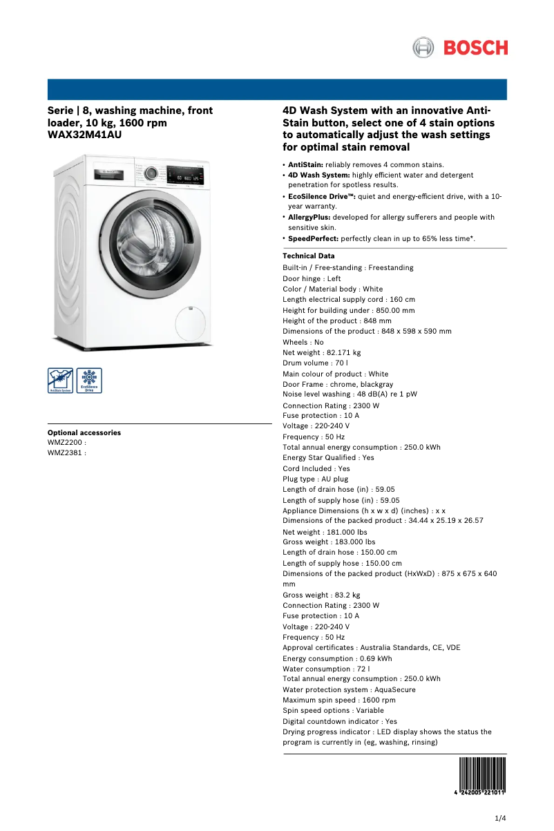 Page n°1 - Fiche technique Bosch WAX32M41AU