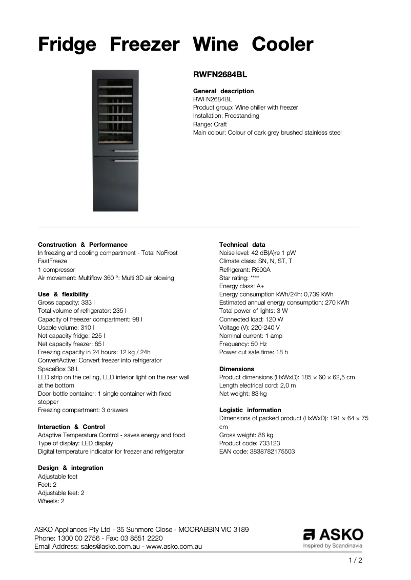 Page 1 de la notice Fiche technique Asko RWFN2684BL