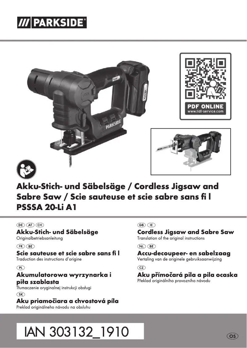 Page 1 de la notice Manuel utilisateur Parkside PSSSA 20-Li A1