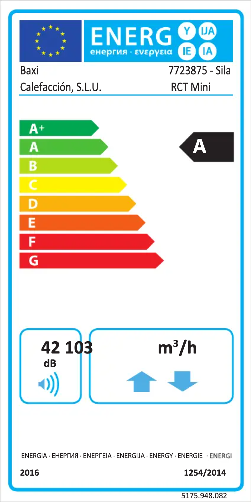 Page 1 de la notice Label énergétique Baxi Sila RCT Mini Plus