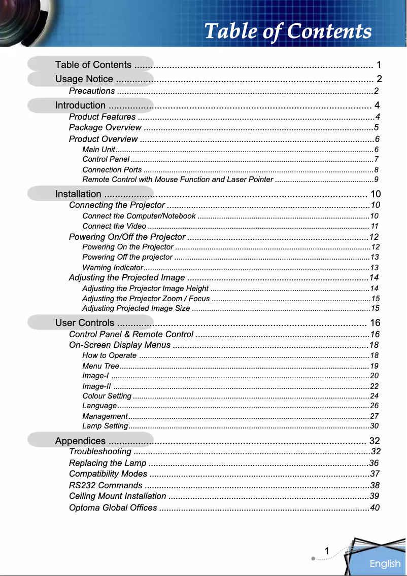 Page 1 de la notice Manuel utilisateur Optoma TX800