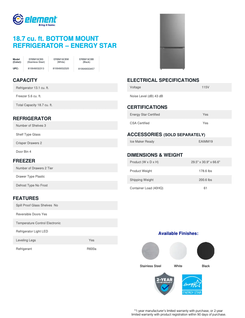 Page 1 de la notice Fiche technique Element ERBM19CBB