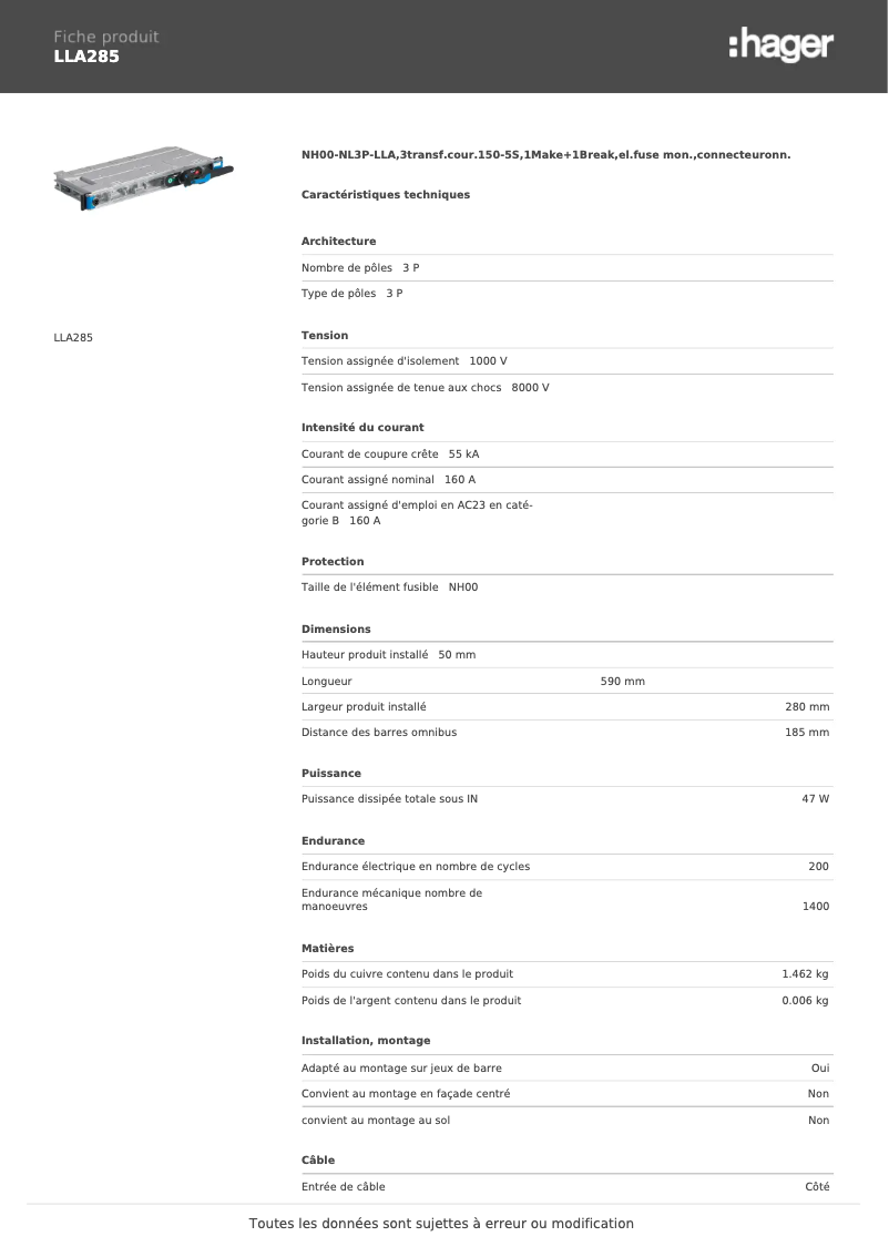 Page 1 de la notice Fiche technique Hager LLA285