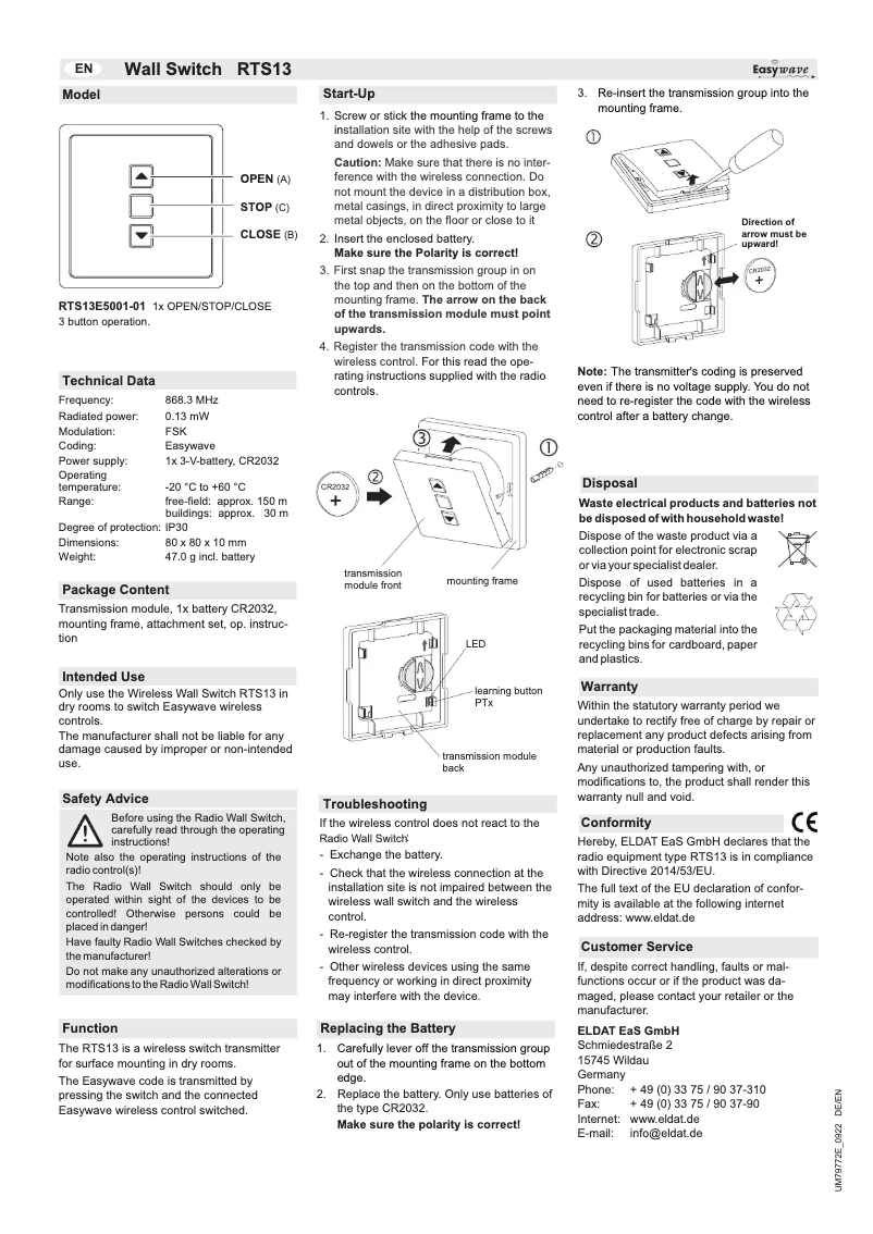 Page 1 de la notice Manuel utilisateur Eldat RTS13