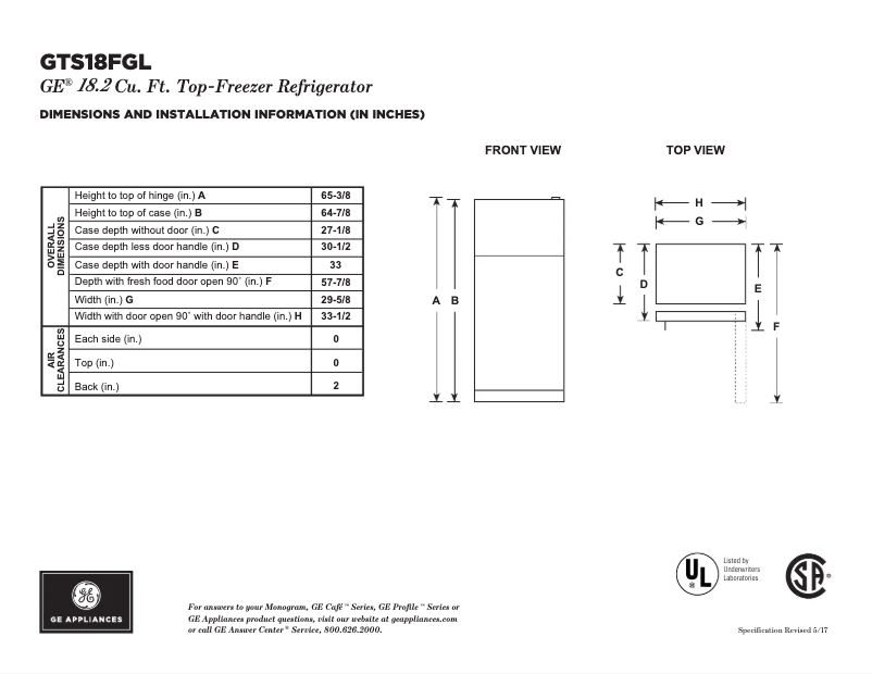 Page n°1 - Fiche technique GE GTS18FGLWW