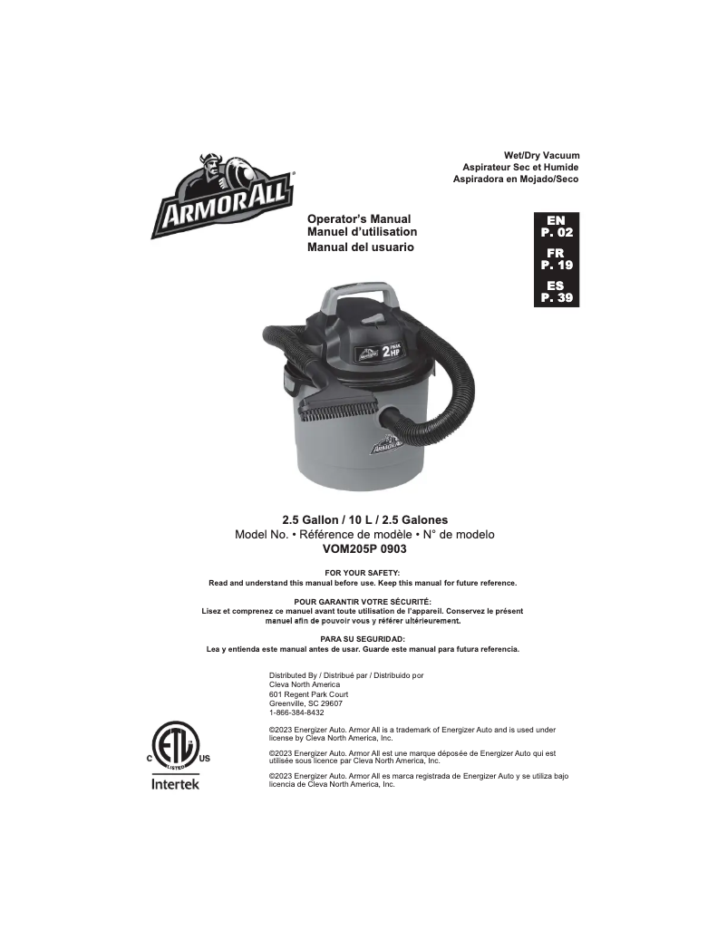 Page 1 de la notice Manuel utilisateur Armor All VOM205P 0903