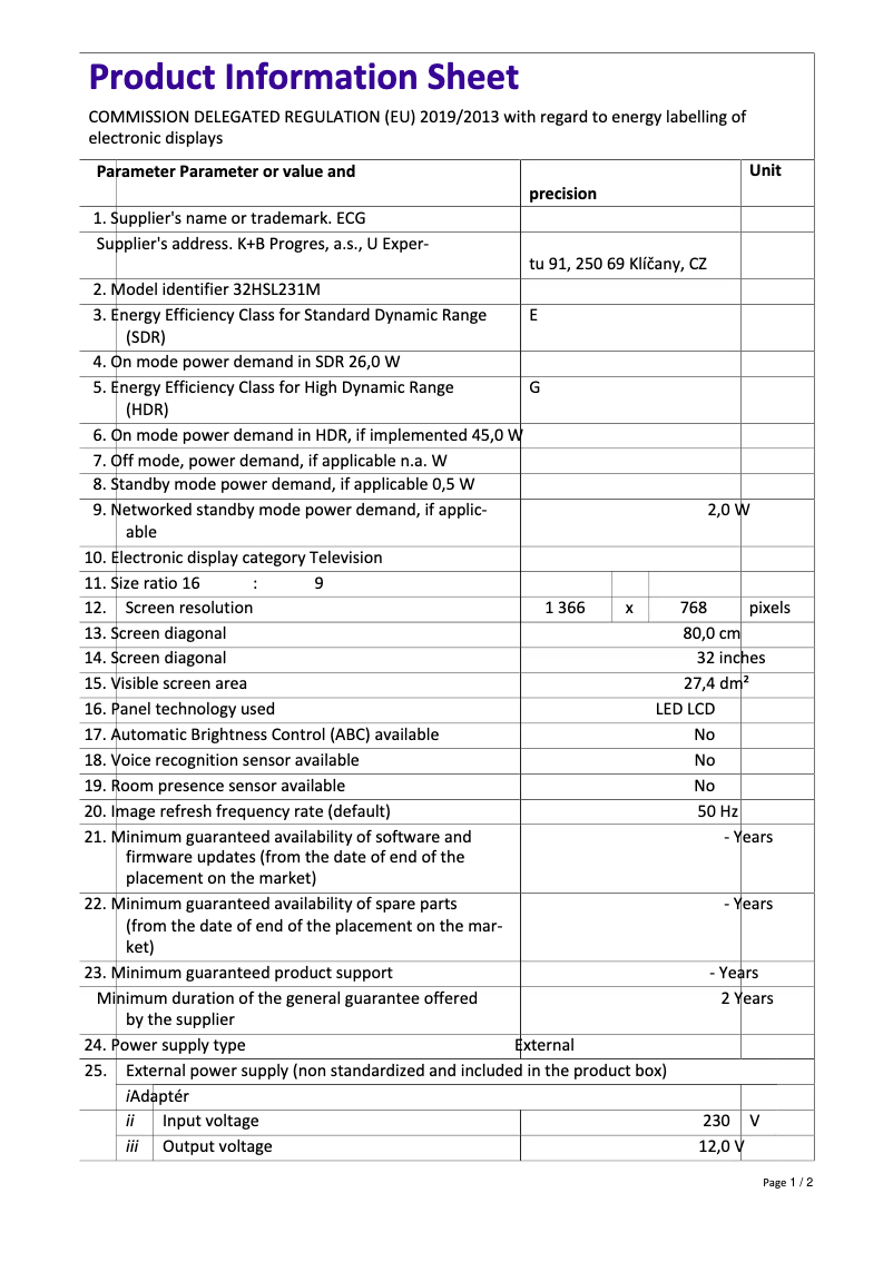 Page n°1 - Fiche technique ECG 32HSL231M