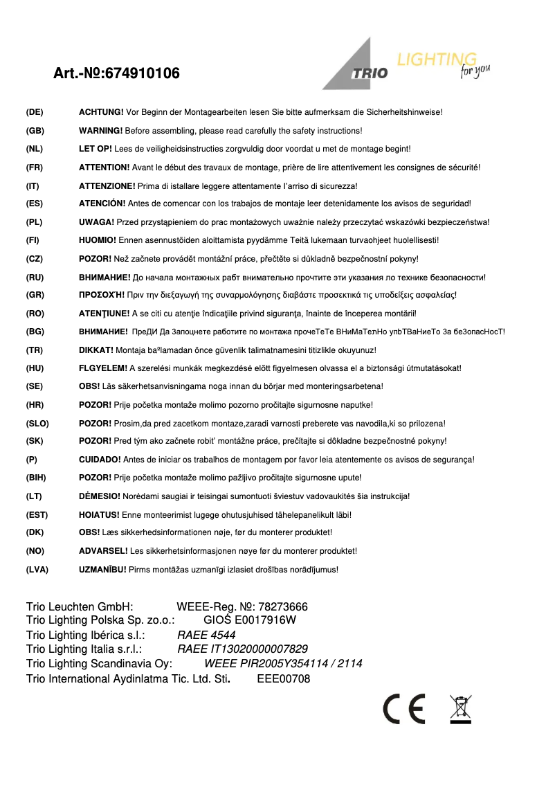 Page 1 de la notice Manuel utilisateur Trio Lighting Coronado 674910106