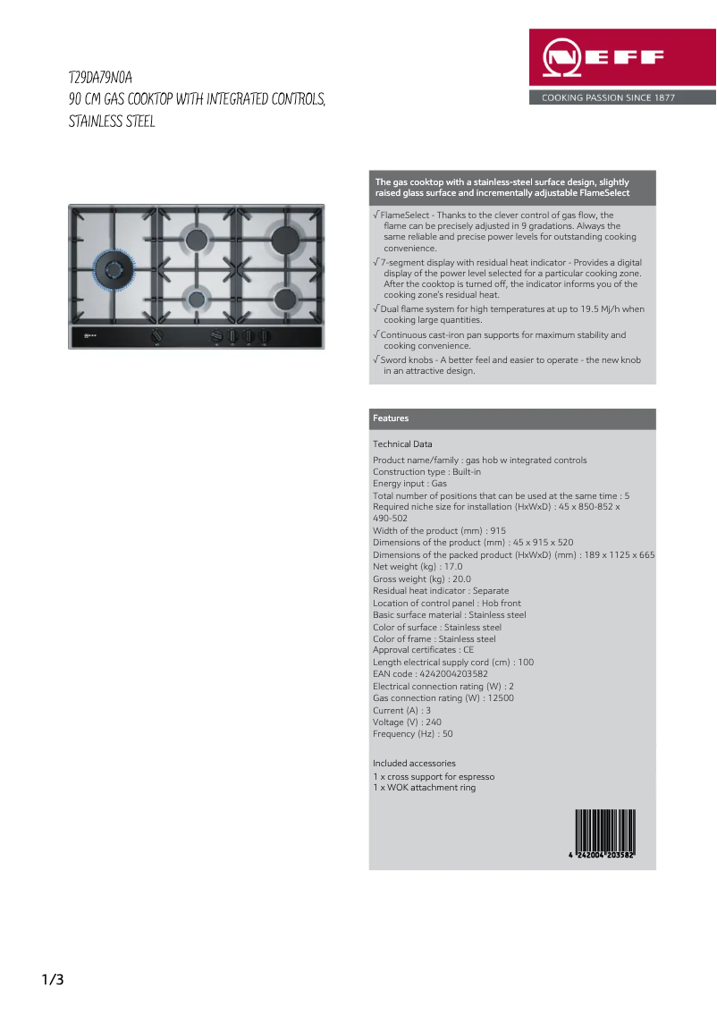 Page 1 de la notice Fiche technique Neff T29DA79N0A