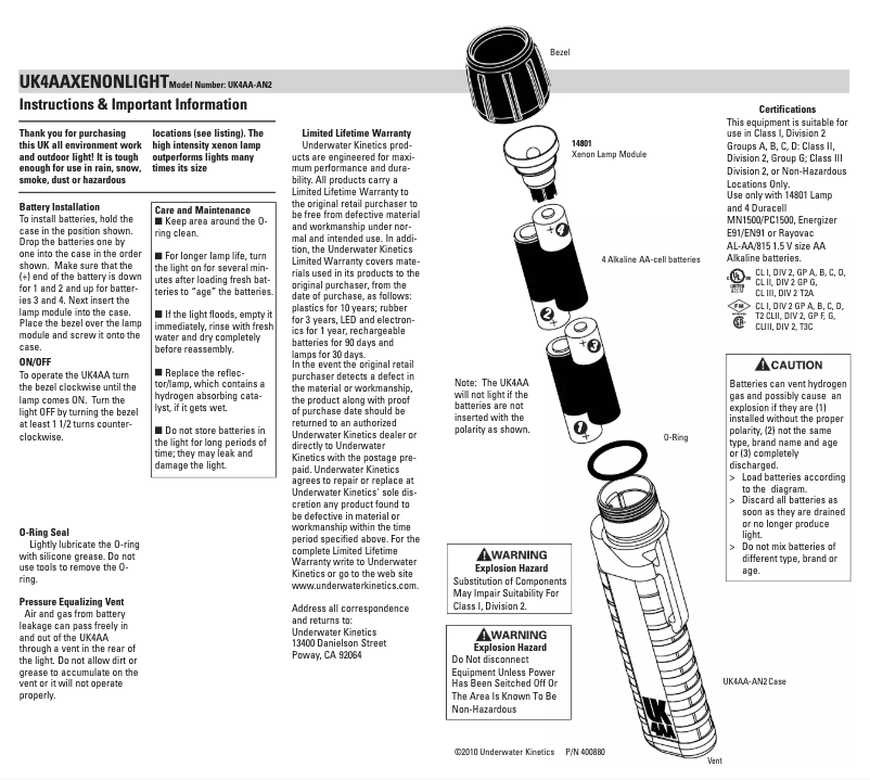 Page 1 de la notice Manuel utilisateur Underwater Kinetics UK4AA Xenon Twist Bezel