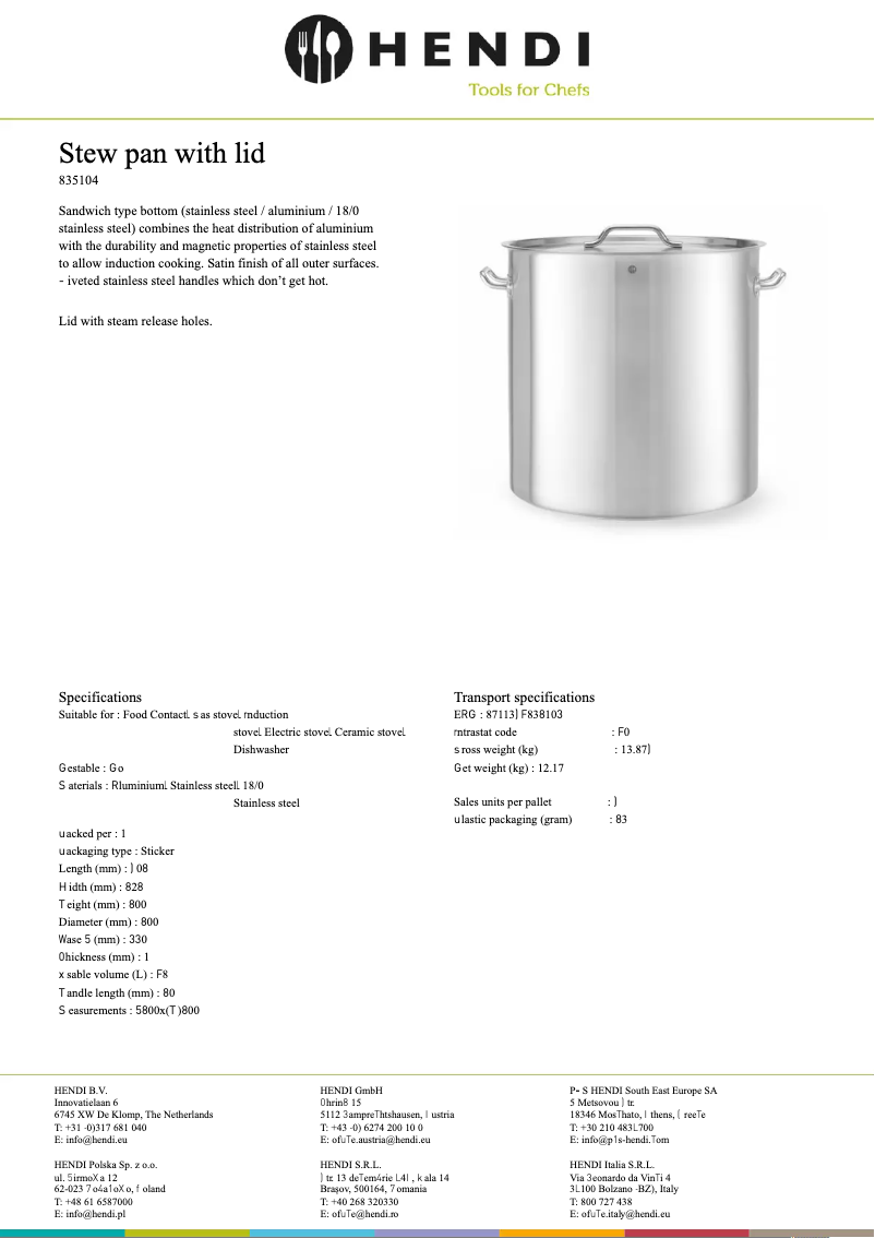 Page 1 de la notice Fiche technique Hendi 835104