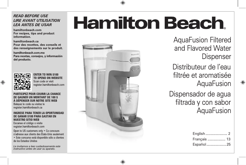 Page 1 de la notice Manuel utilisateur Hamilton Beach AquaFusion 87320