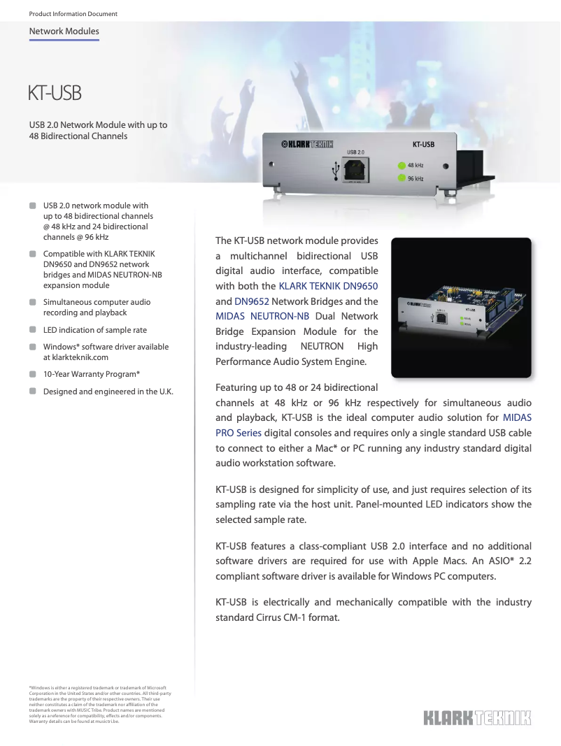 Page 1 de la notice Fiche technique Klark Teknik KT-USB