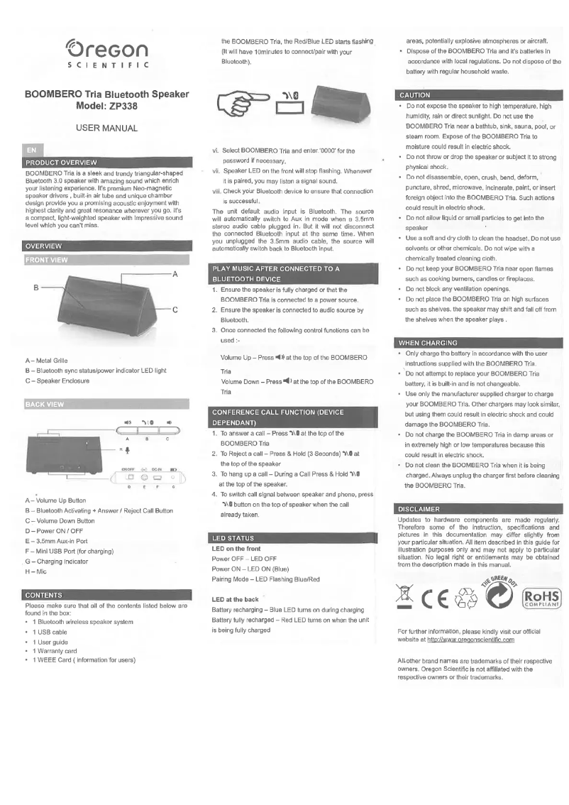 Page n°1 - Manuel utilisateur Oregon Scientific Boombero ZP338