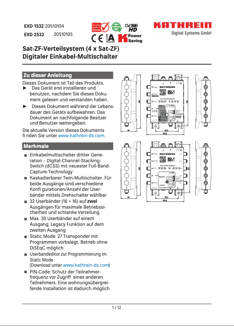 Page 1 de la notice Fiche technique Kathrein EXD 2532
