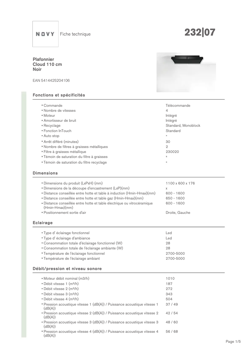 Page 1 de la notice Fiche technique Novy Cloud 232