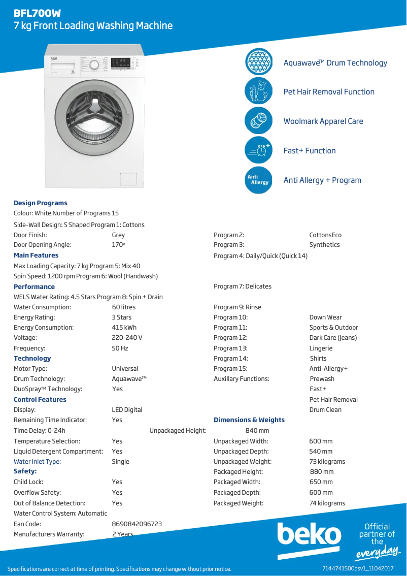 Page n°1 - Fiche technique Beko BFL 700 W