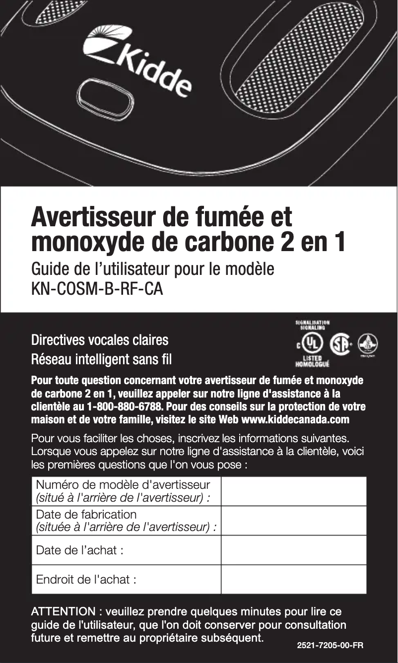 Page 1 de la notice Manuel utilisateur Kidde KN-COSM-B-RF-CA