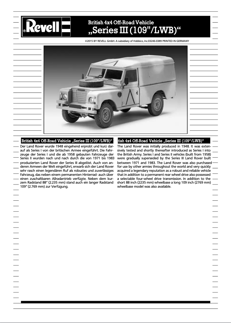 Page 1 de la notice Manuel utilisateur Revell British 4x4 Off-Road Vehicle SeriesIII (109 /LWB)