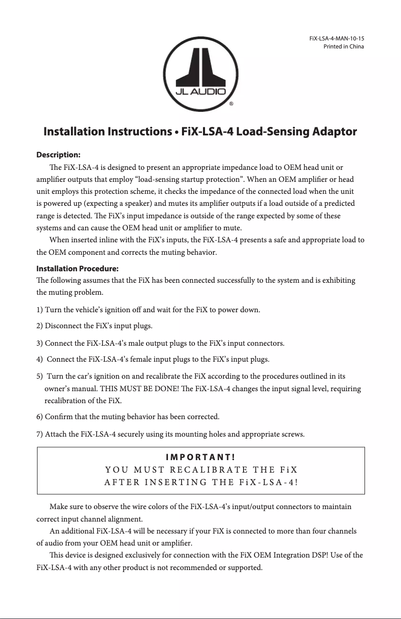 Page 1 de la notice Manuel utilisateur JL Audio FiX-LSA-4