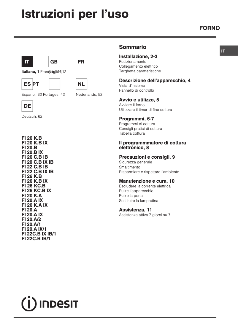 Page 1 de la notice Manuel utilisateur Indesit FI 20.A (WH)/1