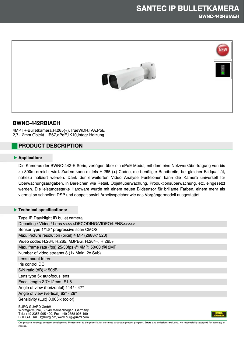 Page 1 de la notice Fiche technique Burg Wächter BWNC-442RBIAEH