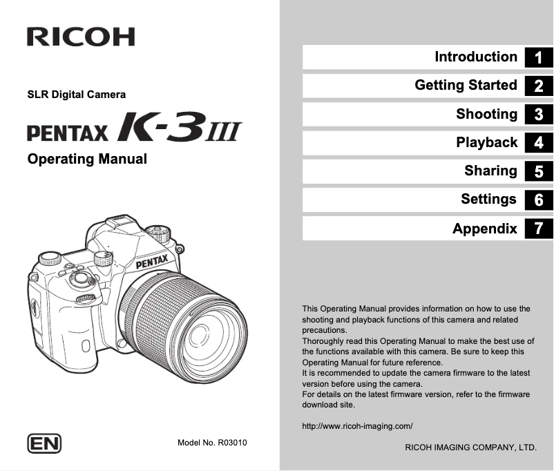 Page n°1 - Manuel utilisateur Pentax K-3 Mark III