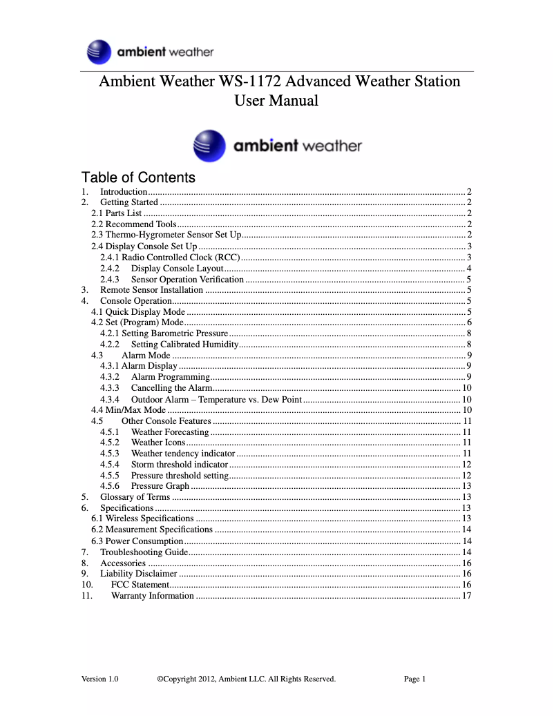 Image de la première page du manuel de l'appareil WS-1172