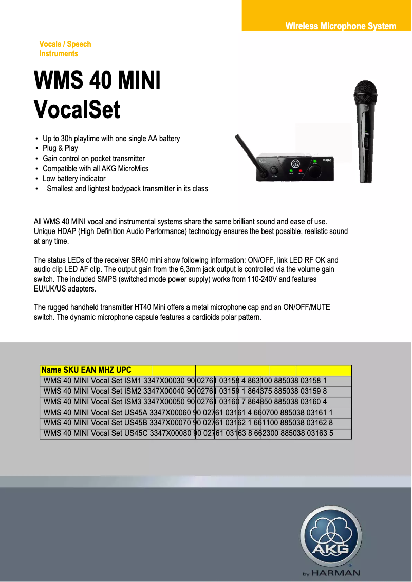 Page n°1 - Fiche technique AKG WMS 40 mini