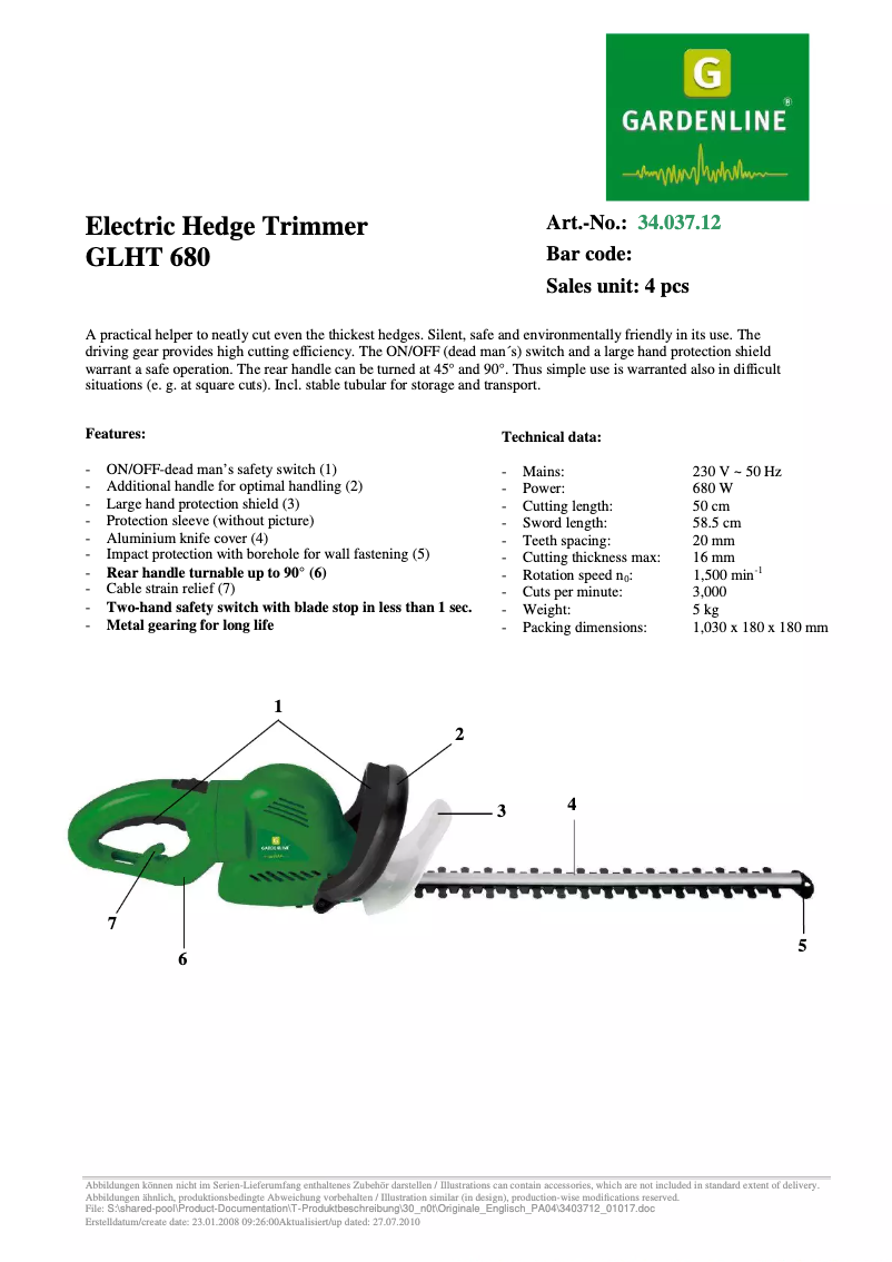 Page 1 de la notice Fiche technique Gardenline GLHT 680
