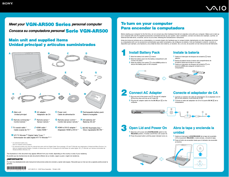Page n°1 - Guide d'installation Sony Vaio VGN-AR550U