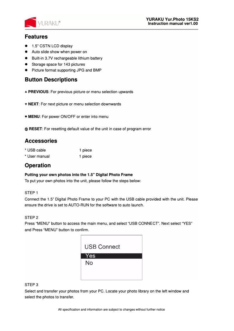 Image de la première page du manuel de l'appareil Yur.Photo 15KS2