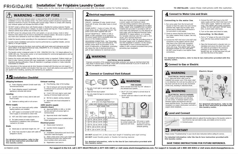 Page 1 de la notice Guide d'installation Frigidaire FLCE7523AW