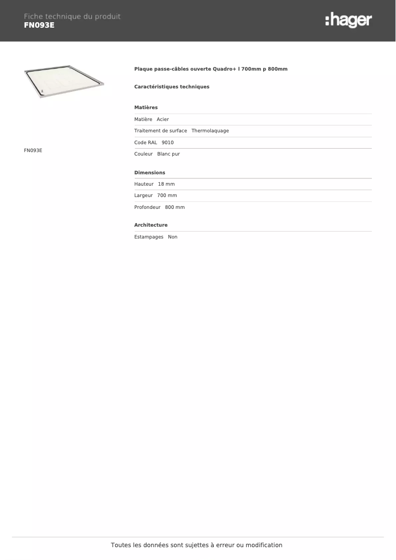 Page n°1 - Fiche technique Hager FN093E