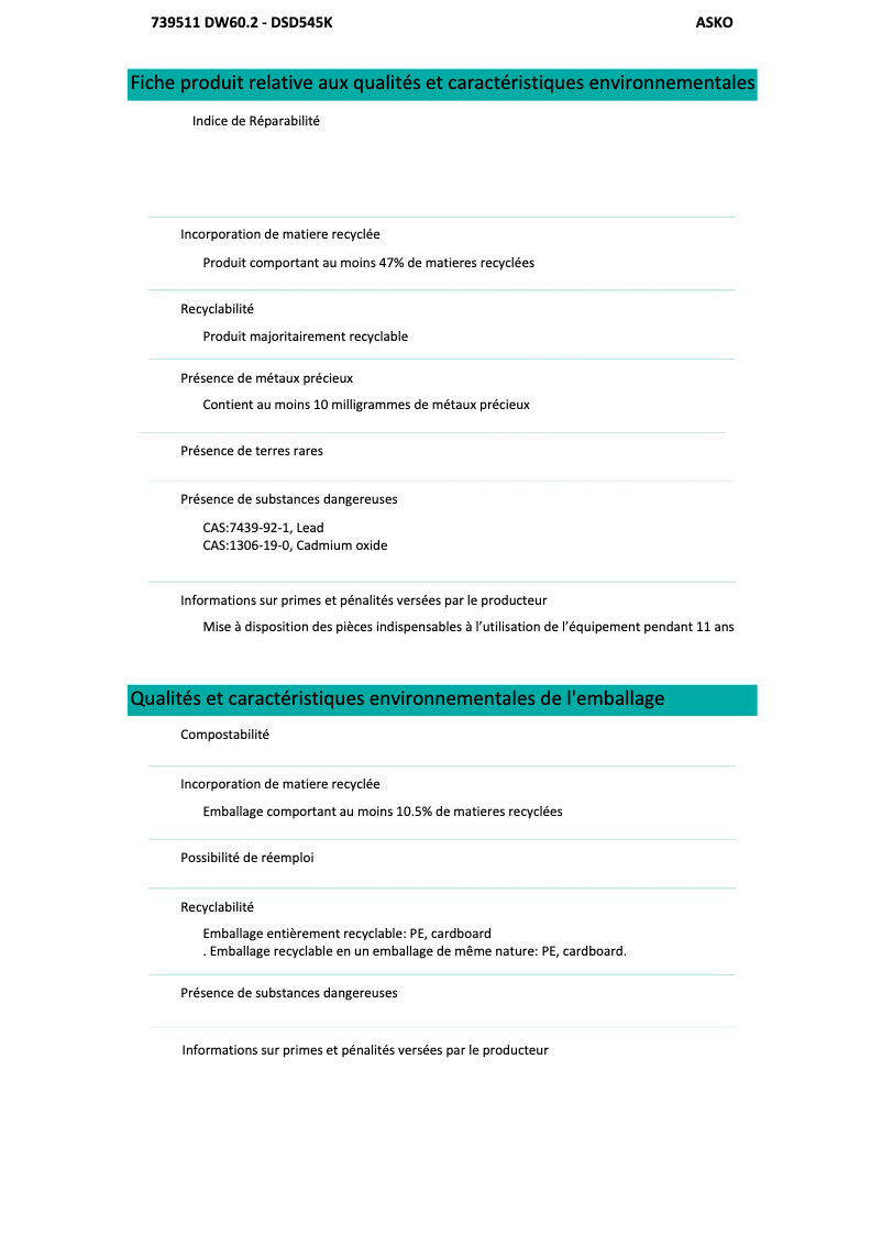 Page 1 de la notice Fiche technique Asko DSD545K
