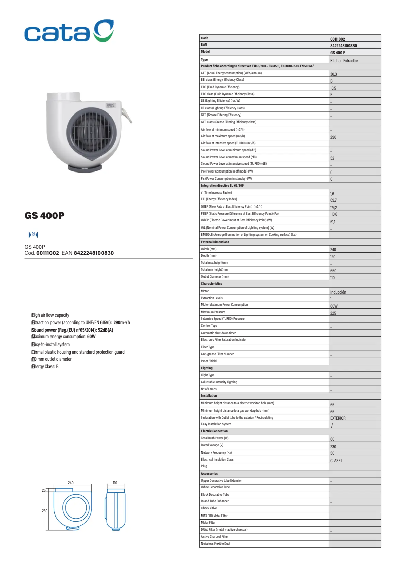 Page 1 de la notice Fiche technique CATA GS 400P