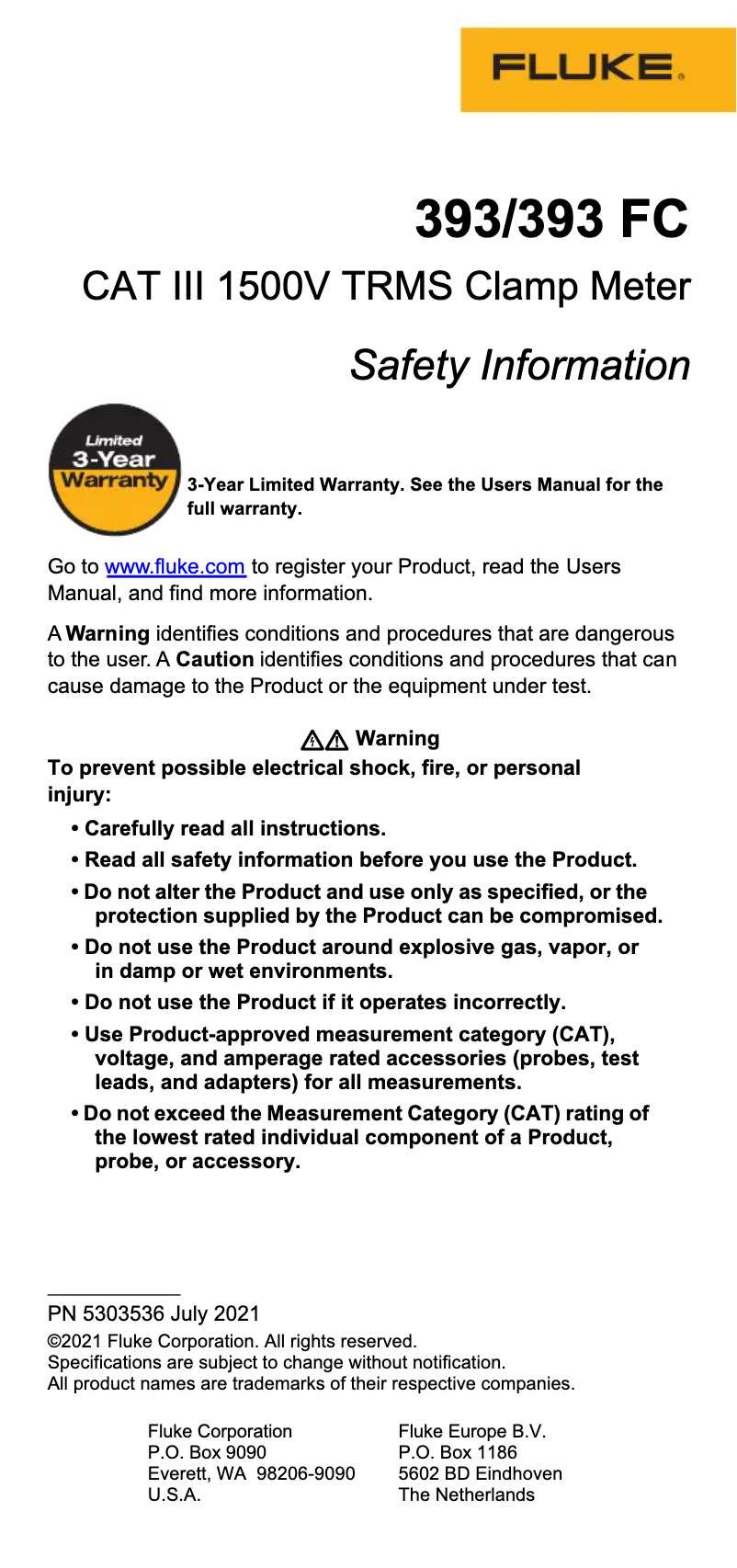 Page n°1 - Instructions de sécurité Fluke 393 FC