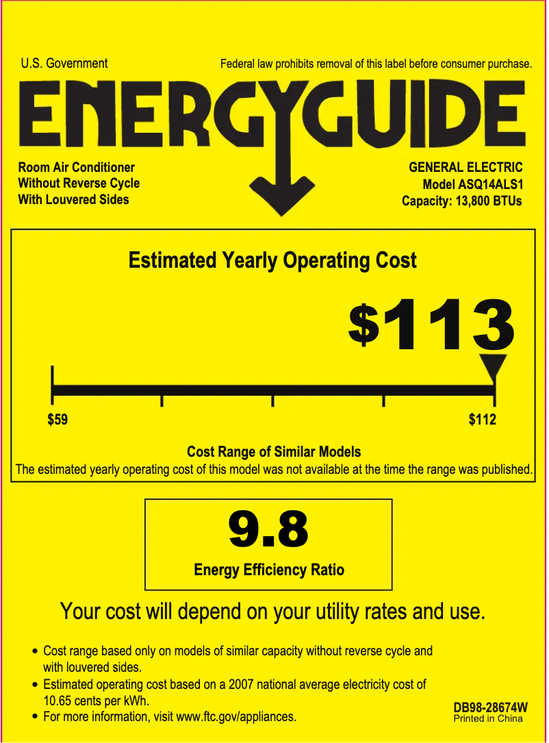 Page 1 de la notice Label énergétique GE ASQ14AL