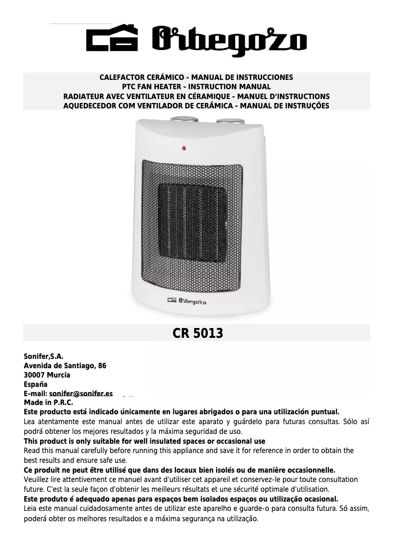 Page n°1 - Manuel utilisateur Orbegozo CR 5013