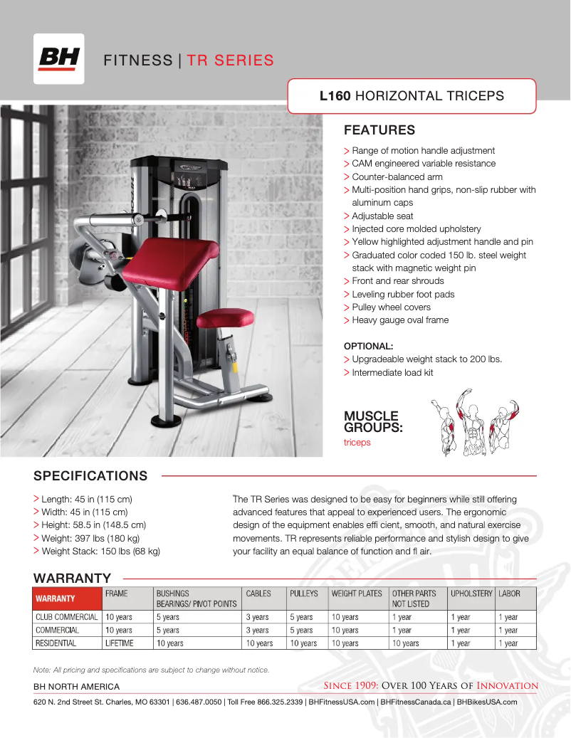 Page 1 de la notice Fiche technique BH Fitness L160