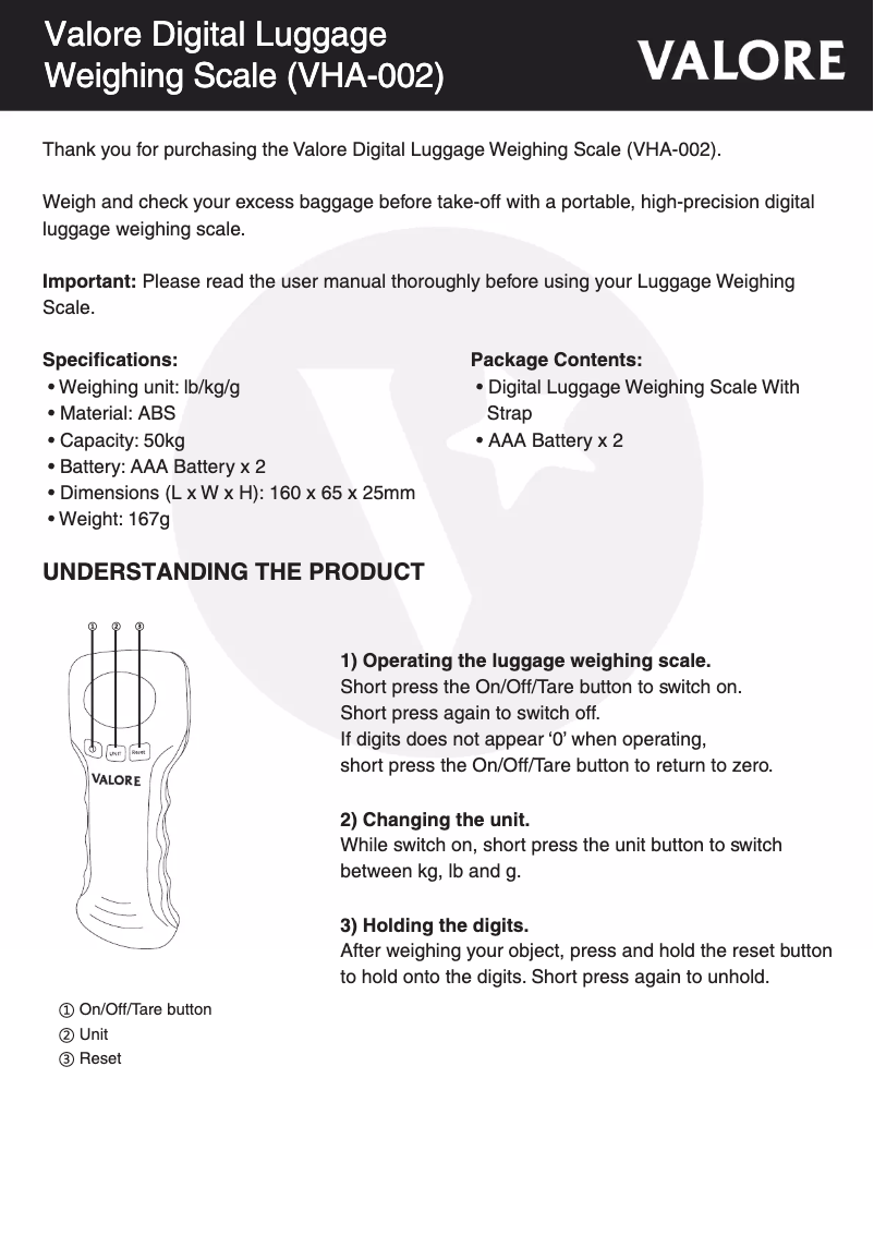 Page 1 de la notice Manuel utilisateur Valore VHA-002