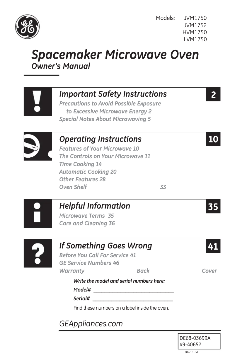 Page 1 de la notice Manuel d'utilisation et d'entretien GE LVM1750DPWW