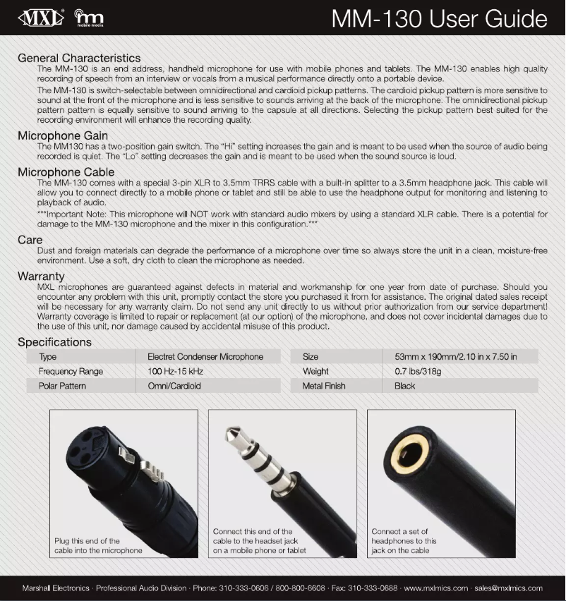 Page 1 de la notice Manuel utilisateur MXL MM-130