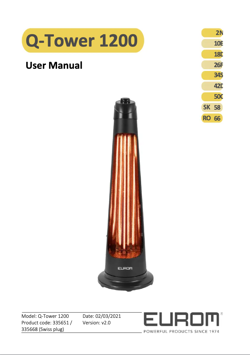 Page 1 de la notice Manuel utilisateur Eurom Q-Tower 1200